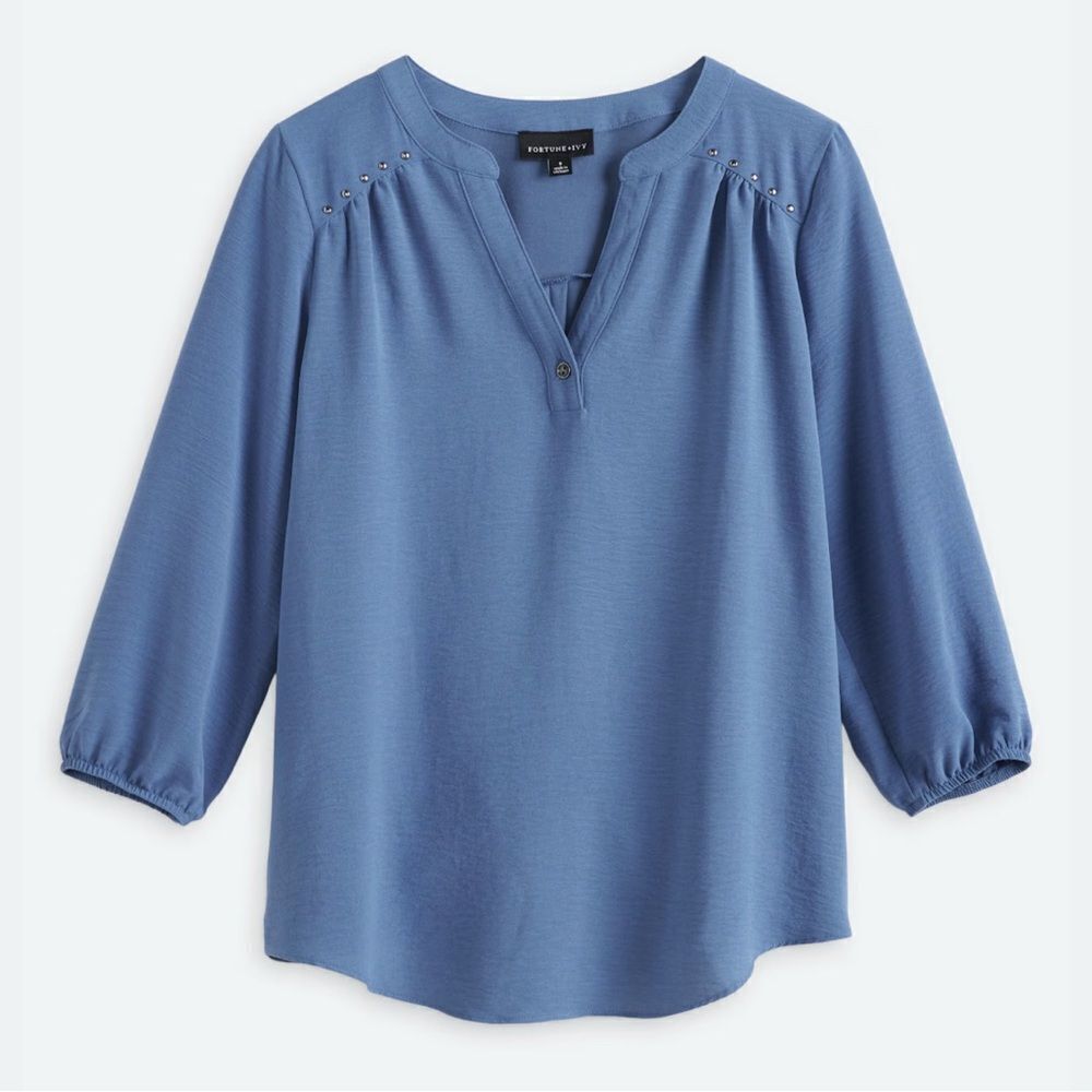 FORTUNE + IVY Cindy Button Detail Blouse Blue Medium NWT STITCH FIX - Picture 2 of 9